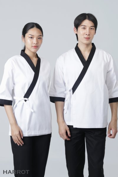เสื้อเชฟ ญี่ปุ่น แขนสี่ส่วน สีขาว กุ๊นดำ