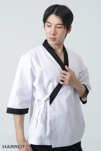 เสื้อเชฟ ญี่ปุ่น แขนสี่ส่วน สีขาว กุ๊นดำ