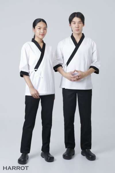 เสื้อเชฟ ญี่ปุ่น แขนสี่ส่วน สีขาว กุ๊นดำ