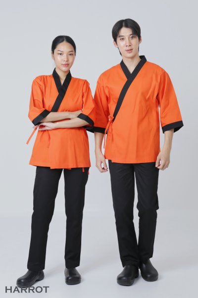 เสื้อเชฟ ญี่ปุ่น แขนสี่ส่วน สีส้ม กุ๊นดำ