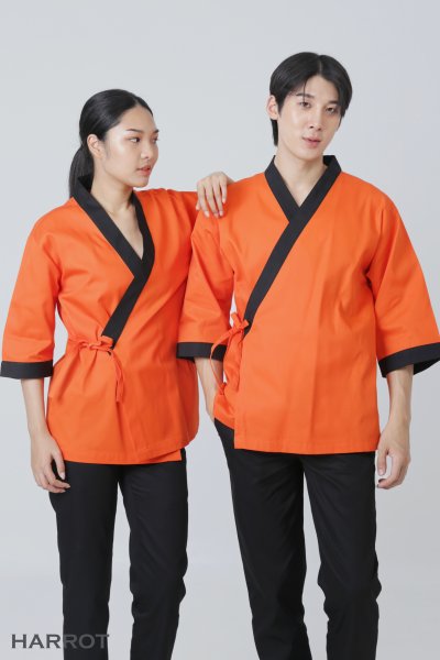 เสื้อเชฟ ญี่ปุ่น แขนสี่ส่วน สีส้ม กุ๊นดำ