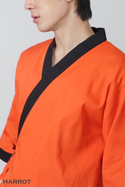 เสื้อเชฟ ญี่ปุ่น แขนสี่ส่วน สีส้ม กุ๊นดำ