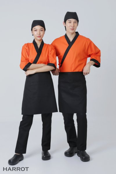 เสื้อเชฟ ญี่ปุ่น แขนสี่ส่วน สีส้ม กุ๊นดำ