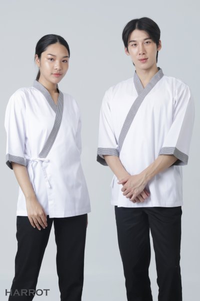 เสื้อเชฟ ญี่ปุ่น แขนสี่ส่วน สีขาวกุ๊นลายชิโนริ