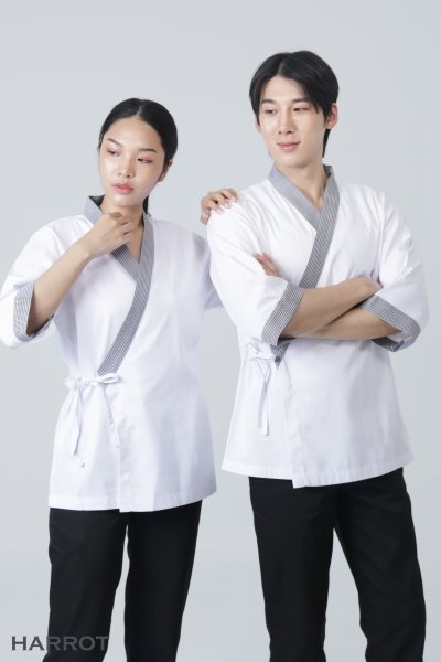 เสื้อเชฟ ญี่ปุ่น แขนสี่ส่วน สีขาวกุ๊นลายชิโนริ
