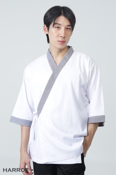 เสื้อเชฟ ญี่ปุ่น แขนสี่ส่วน สีขาวกุ๊นลายชิโนริ