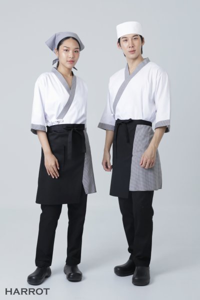 เสื้อเชฟ ญี่ปุ่น แขนสี่ส่วน สีขาวกุ๊นลายชิโนริ