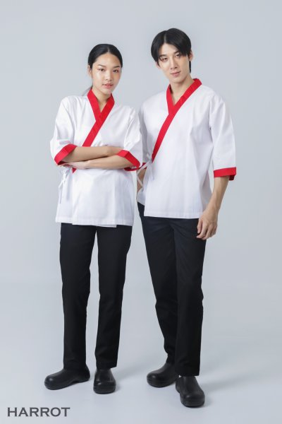 เสื้อเชฟ ญี่ปุ่น แขนสี่ส่วน สีขาว กุ๊นแดง