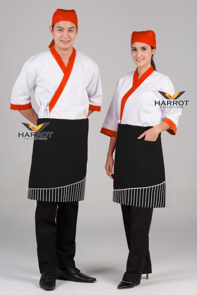 เสื้อเชฟ ญี่ปุ่น แขนสี่ส่วน สีขาว กุ๊นส้ม