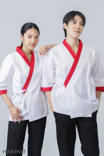 เสื้อเชฟ ญี่ปุ่น แขนสี่ส่วน สีขาว กุ๊นแดง