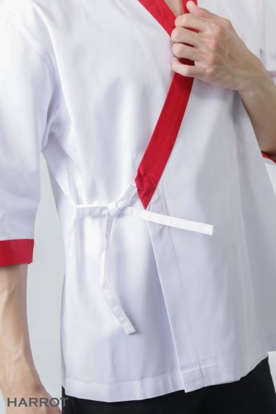 เสื้อเชฟ ญี่ปุ่น แขนสี่ส่วน สีขาว กุ๊นแดง