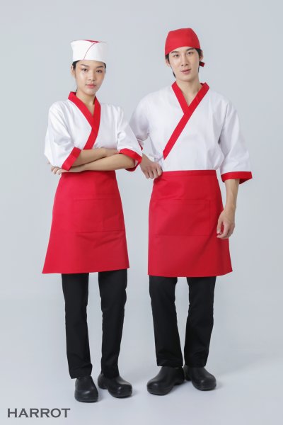 เสื้อเชฟ ญี่ปุ่น แขนสี่ส่วน สีขาว กุ๊นแดง