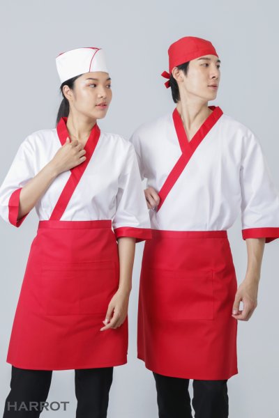 เสื้อเชฟ ญี่ปุ่น แขนสี่ส่วน สีขาว กุ๊นแดง