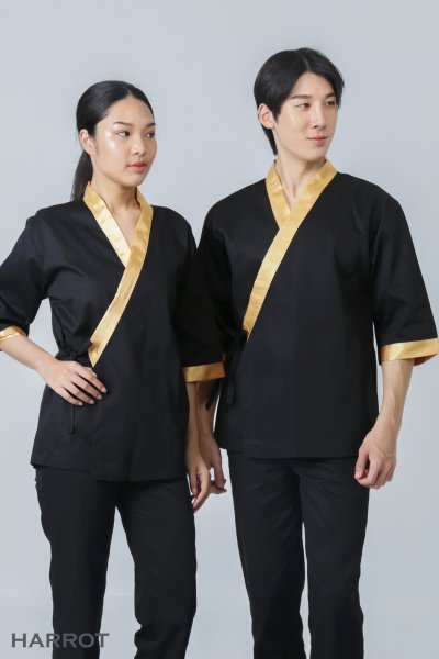 เสื้อเชฟ ญี่ปุ่น แขนสี่ส่วน สีดำ กุ๊นทอง