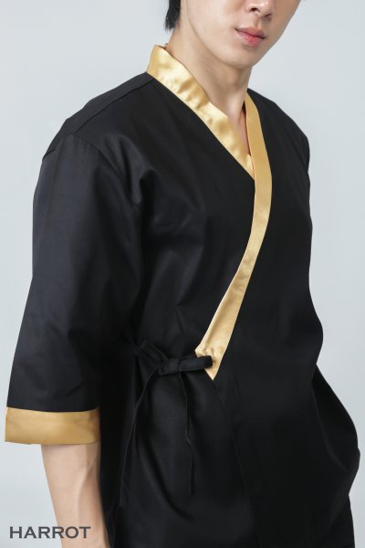 เสื้อเชฟ ญี่ปุ่น แขนสี่ส่วน สีดำ กุ๊นทอง
