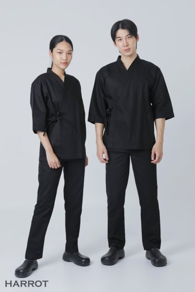 เสื้อเชฟ ญี่ปุ่น แขนสี่ส่วน สีดำ กุ๊นดำ