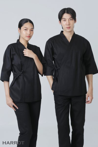 เสื้อเชฟ ญี่ปุ่น แขนสี่ส่วน สีดำ กุ๊นดำ