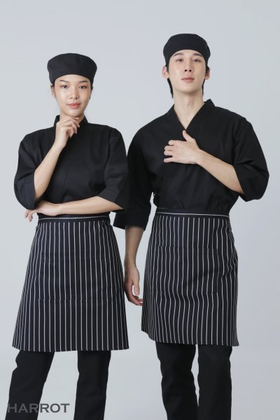 เสื้อเชฟ ญี่ปุ่น แขนสี่ส่วน สีดำ กุ๊นดำ
