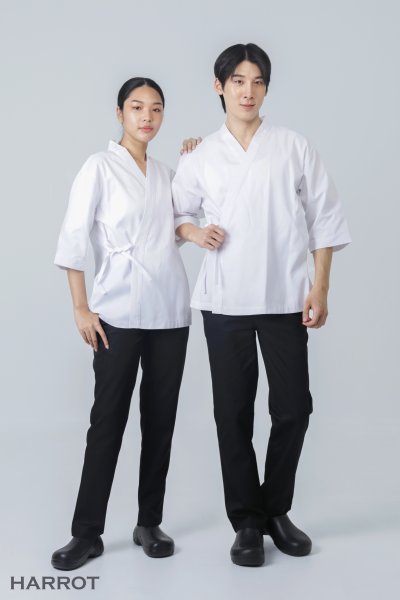 เสื้อเชฟ ญี่ปุ่น แขนสี่ส่วน สีขาว กุ๊นขาว