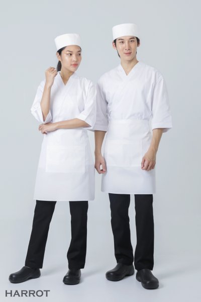 เสื้อเชฟ ญี่ปุ่น แขนสี่ส่วน สีขาว กุ๊นขาว