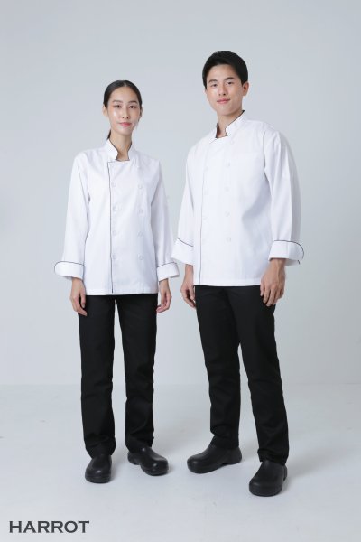 เสื้อเชฟ แขนยาว สีขาว กุ๊นดำ
