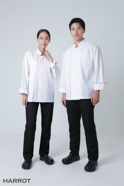 เสื้อเชฟ แขนยาว  สีขาว กุ๊นแดง