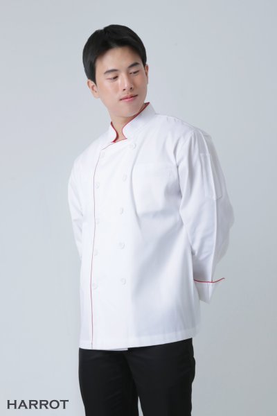 เสื้อเชฟ แขนยาว  สีขาว กุ๊นแดง