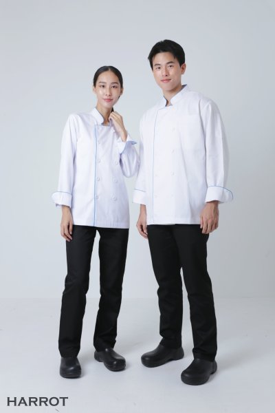 เสื้อเชฟ แขนยาว สีขาว กุ๊นฟ้า