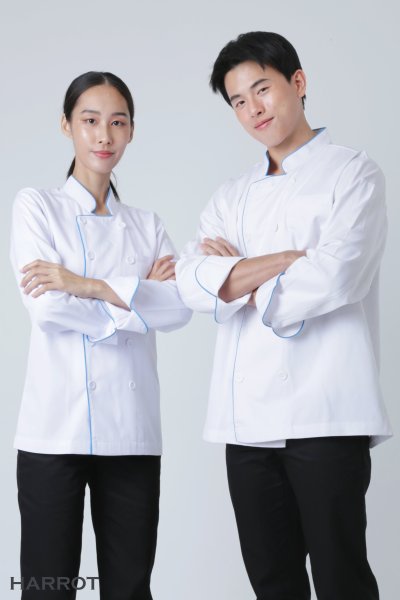 เสื้อเชฟ แขนยาว สีขาว กุ๊นฟ้า