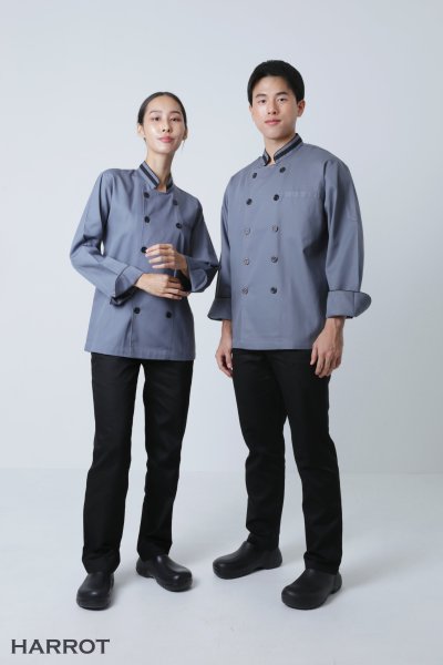 เสื้อเชฟ แขนยาว สีเทา กุ๊นดำ
