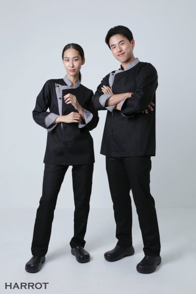 เสื้อเชฟ แขนยาว แต่งปก กระดุมถอดได้ 5 เม็ด