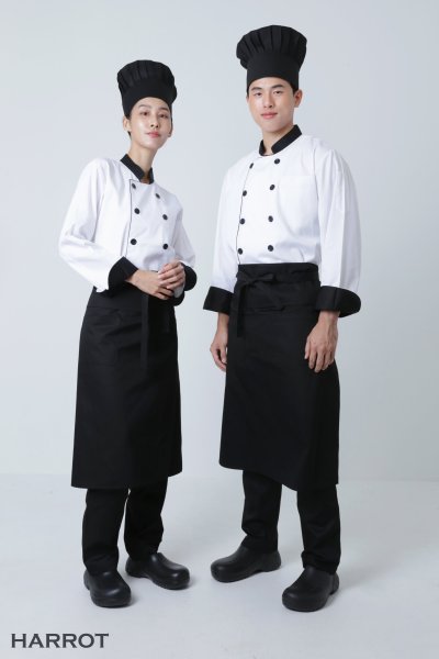 เสื้อเชฟ แขนยาว สีขาว ปกดำ กุ๊นดำ
