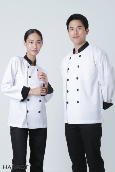 เสื้อเชฟ แขนยาว สีขาว ปกดำ กุ๊นดำ