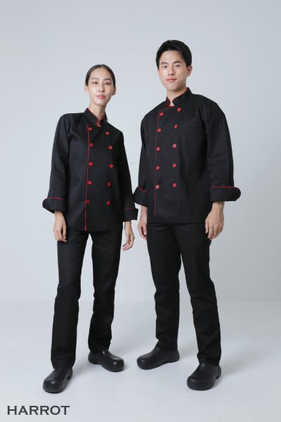 เสื้อเชฟ แขนยาว สีดำ กุ๊นแดง