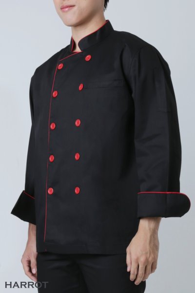 เสื้อเชฟ แขนยาว สีดำ กุ๊นแดง