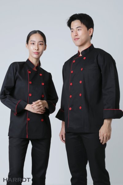 เสื้อเชฟ แขนยาว สีดำ กุ๊นแดง