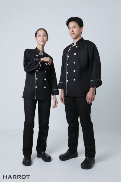 เสื้อเชฟ แขนยาว สีดำ กุ๊นสีขาว