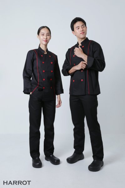 เสื้อเชฟ แขนยาว สีดำ กุ๊นแดง 2 เส้น