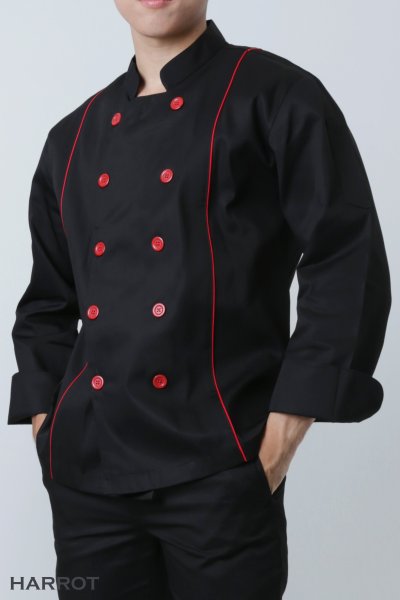 เสื้อเชฟ แขนยาว สีดำ กุ๊นแดง 2 เส้น