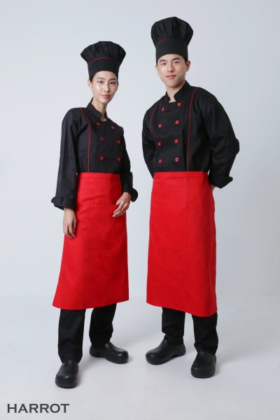 เสื้อเชฟ แขนยาว สีดำ กุ๊นแดง 2 เส้น