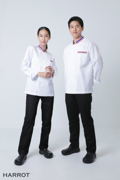 เสื้อเชฟ แขนยาว กระเป๋าเจาะ แต่งลายธงชาติ