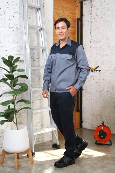 เสื้อช๊อป แขนยาว สีเทาแต่งกรม