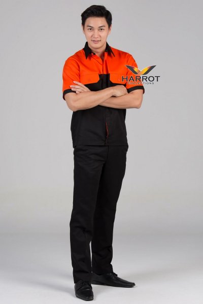 เสื้อช๊อป แขนสั้น สีส้ม-ดำ