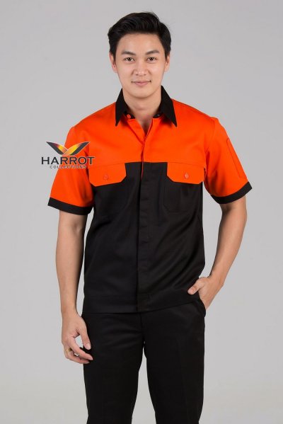 เสื้อช๊อป แขนสั้น สีส้ม-ดำ