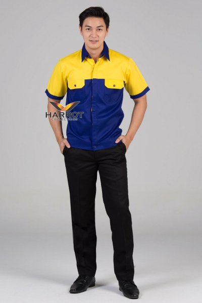 เสื้อช๊อป แขนสั้น สีน้ำเงิน-เหลือง