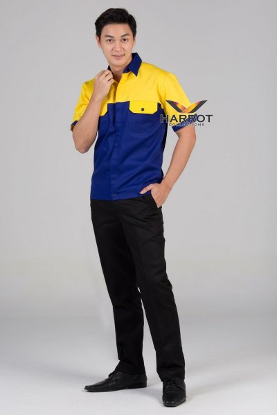 เสื้อช๊อป แขนสั้น สีน้ำเงิน-เหลือง