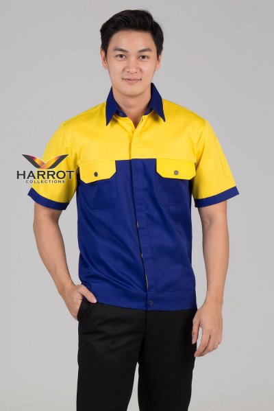 เสื้อช๊อป แขนสั้น สีน้ำเงิน-เหลือง