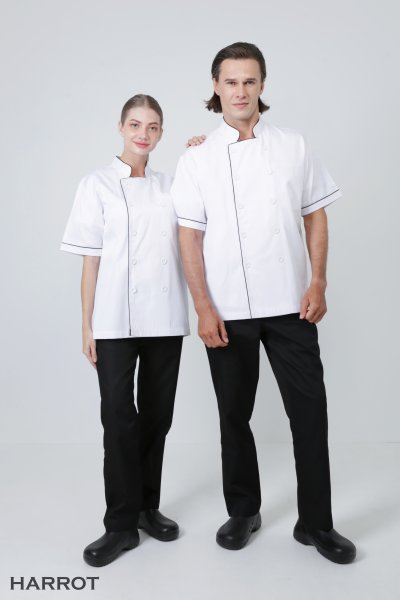 เสื้อเชฟ แขนสั้น สีขาวกุ๊นดำ