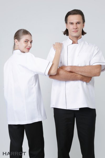 เสื้อเชฟ แขนสั้น สีขาวกุ๊นดำ