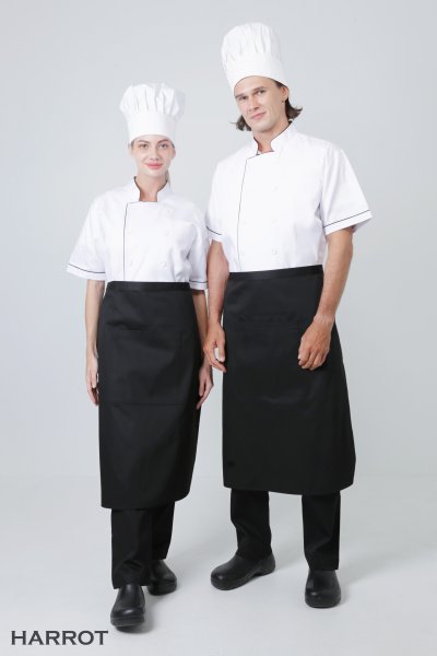 เสื้อเชฟ แขนสั้น สีขาวกุ๊นดำ